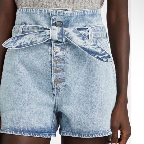 GRLFRND shorts Sz 23 Brynn Tie-Waist Denim Hi Waist Blue Button Fly‎ 70s NWOT - Picture 5 of 10